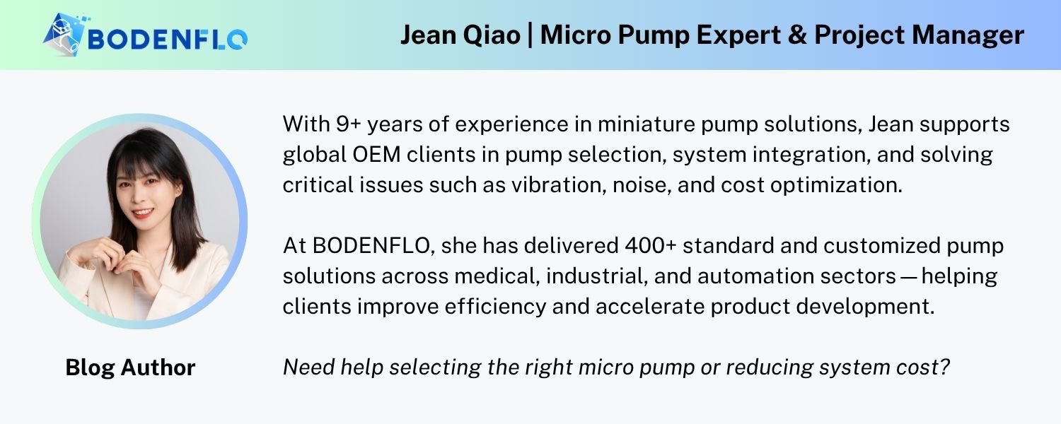 Jean Qiao micro pump expert and project manager at BODENFLO providing OEM miniature pump solutions and engineering support