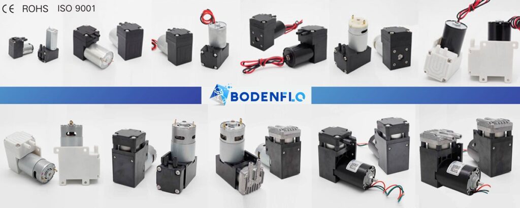 BODENFLO manufacturer of miniature air pumps, miniature vacuum pumps on display, available in 11 models including brushed and brushless styles that can be customized.