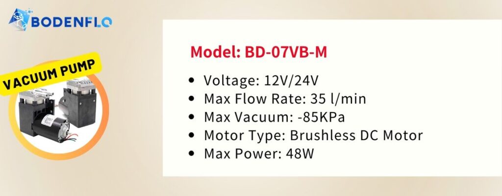 BODENFLO Micro vacuum pump-Model: BD-07VB-M; Voltage: 12V/24V; Max Flow Rate: 35 l/min; Max Vacuum: -85KPa; Motor Type: Brushless DC Motor; Max Power: 48W