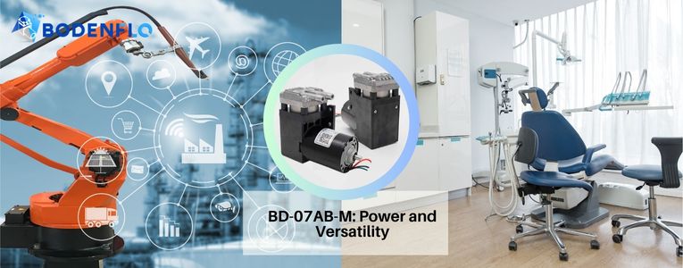 In the center is the BD-07AB-M miniature piston air pump, brushless pump. The left and right pictures are application scenes.