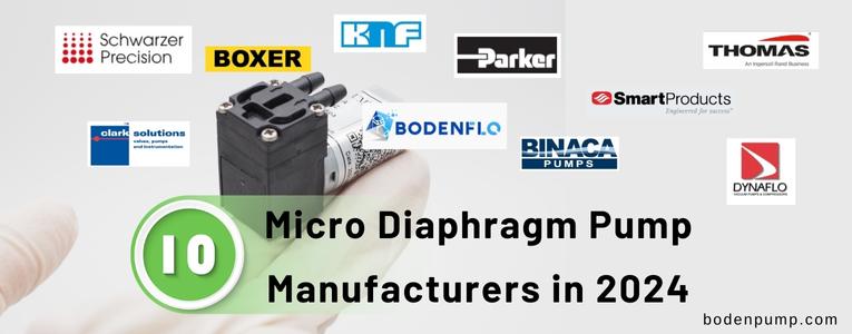 Micro diaphragm pump held by gloved fingers with logos of top 10 manufacturers and blog title