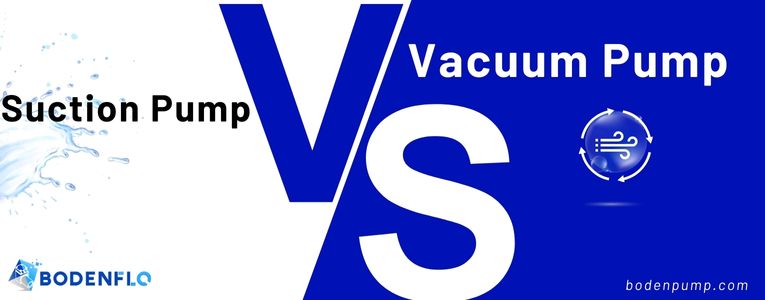 In-content image for a blog post comparing suction pumps and vacuum pumps, featuring a large 'VS' with 'Suction Pump' and a water ripple on one side and 'Vacuum Pump' with an air circulation symbol on the other side.