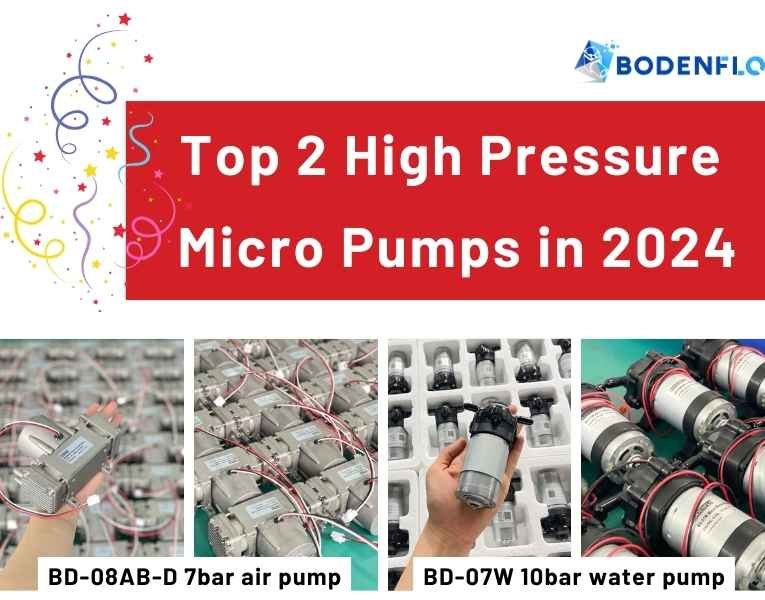 Top 2 High Pressure Micro Pumps in 2024 featuring BODENFLO BD-08AB-D and BD-07W. Compact design and high pressure capability of air and water pumps.