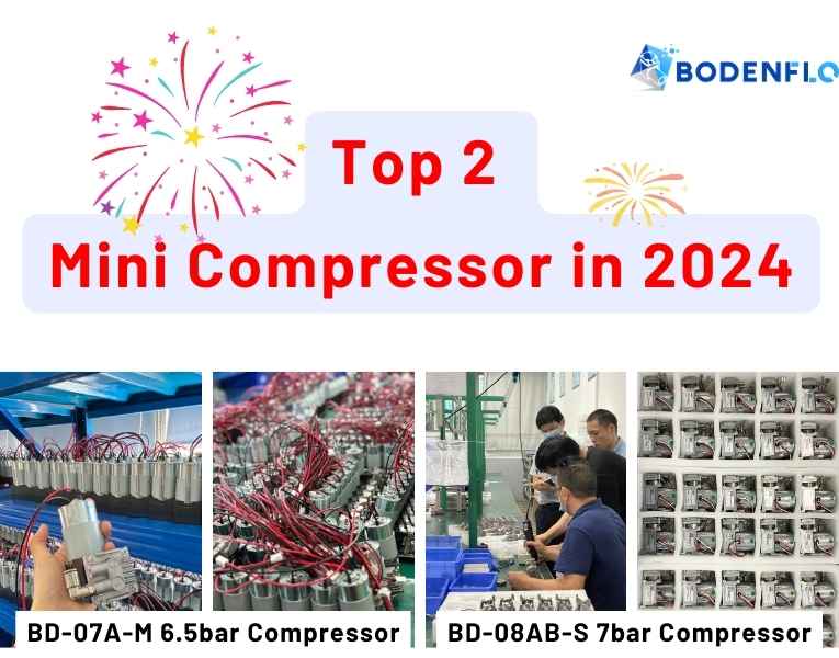 Banner showcasing BD-07A-M and BD-08AB-S mini compressors for 2024.