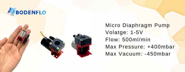 BODENFLO micro diaphragm pump with specifications for voltage, flow rate, pressure, and vacuum capability.