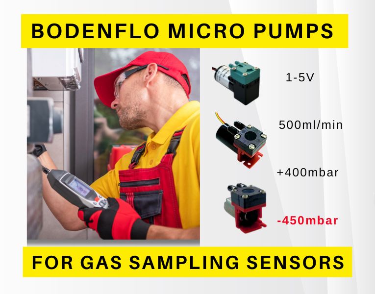 BODENFLO micro pumps for gas sampling sensors with a technician using a gas detection device.