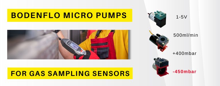 BODENFLO micro pumps specifications with flow rate, pressure capabilities, and voltage displayed alongside a gas detection scenario.