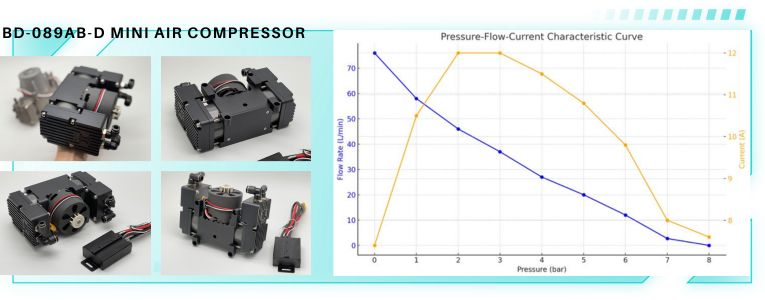 BODENFLO BD-089AB-D Mini Air Compressor performance graph with pressure-flow-current characteristic curve