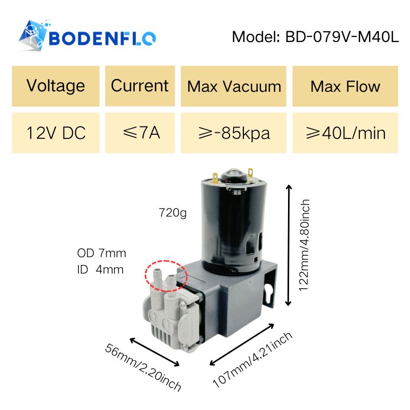 Compact 12V micro vacuum pump BD-079V-M with 40L/min flow and ≥-85kPa vacuum for portable vacuum systems