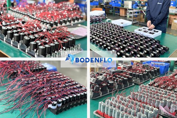 Rows of BODENFLO micro diaphragm pumps in production with wiring assembly