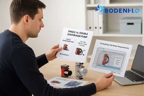Engineer reviewing pump specifications against plate washer requirements