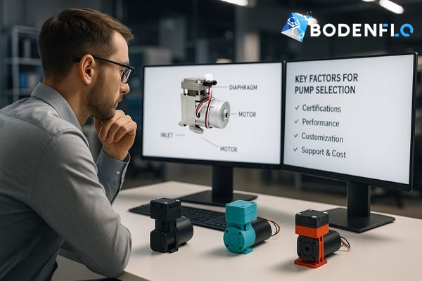 Engineer examining micro diaphragm pump options for an equipment manufacturing project