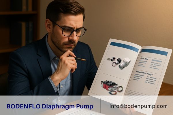 Engineer carefully selecting a vacuum pump from a catalog