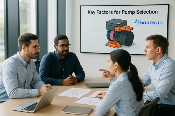 Team of engineers at a manufacturing company discussing pump specifications and supplier criteria
