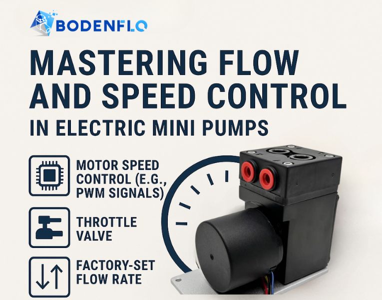 Electric mini diaphragm pump next to flow control icons including PWM, throttle valve, and factory-set flow rate