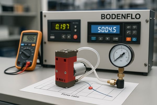 An image of a BODENFLO test bench with a micro pump undergoing pressure and flow testing with instrumentation visible