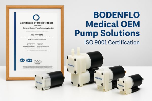 Image showcasing BODENFLO's ISO 9001 certificate alongside a selection of their medical-grade micro diaphragm pumps