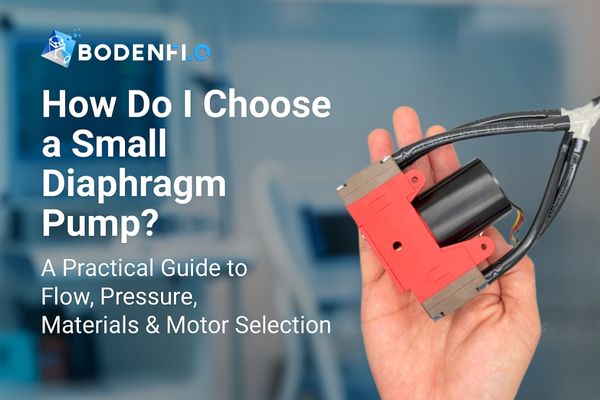 A BODENFLO small diaphragm pump held in a hand for size comparison.