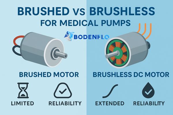 Side-by-side comparison of a brushed motor and a brushless DC motor, with icons indicating lifespan and reliability