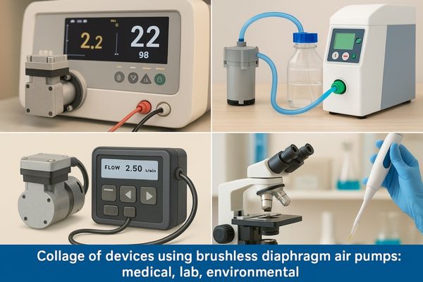 Collage of devices using brushless diaphragm air pumps: medical, lab, environmental
