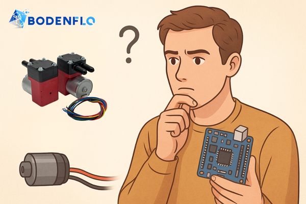 Person looking thoughtfully at a brushless pump and a microcontroller