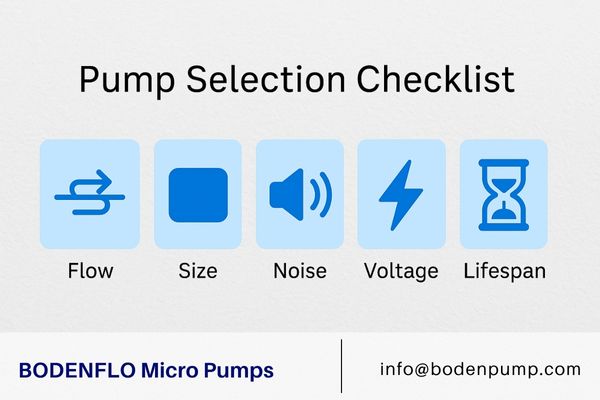 An engineer's checklist with icons for flow, size, noise, voltage, and lifespan