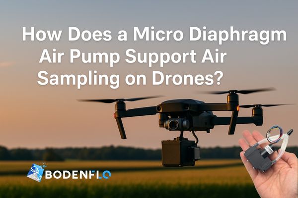Drone with air sampling module flying over field at sunset