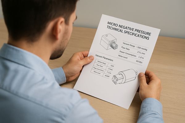 Engineer reviewing technical specifications of our micro negative pressure pump for a VED application