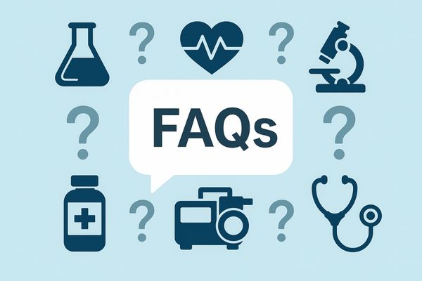 A graphic with medical-themed icons and question marks, symbolizing common questions about pumps in diagnostics