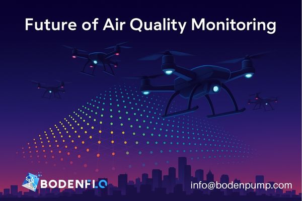 A futuristic graphic showing a swarm of drones creating a 3D data cloud over a city