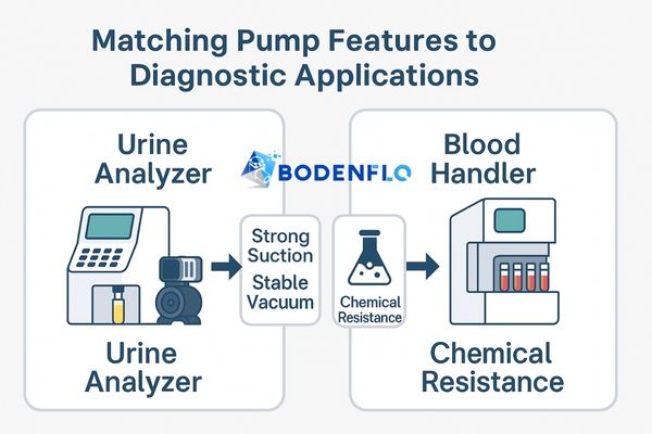 Infographic matching specific medical devices (urine analyzer, blood handler) with key pump features (strong suction, chemical resistance)
