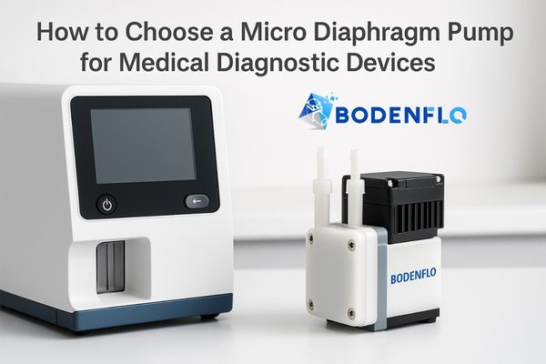 Image of a compact BODENFLO micro diaphragm pump integrated into a sleek medical diagnostic device setup