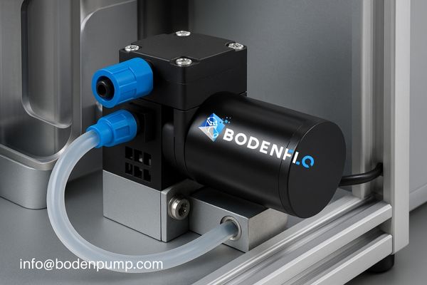Close-up of a micro liquid pump integrated into a compact dispensing module)