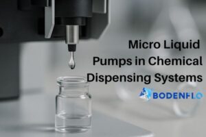 Micro liquid pump dispensing a precise droplet into a vial in a laboratory setting