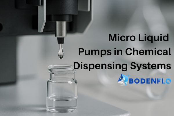 Micro liquid pump dispensing a precise droplet into a vial in a laboratory setting