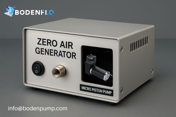 A compact, portable zero air generator unit with a micro piston pump visible or clearly indicated as a key component