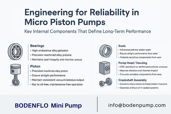 An exploded view of a micro piston pump highlighting durable components like bearings, piston, and seals