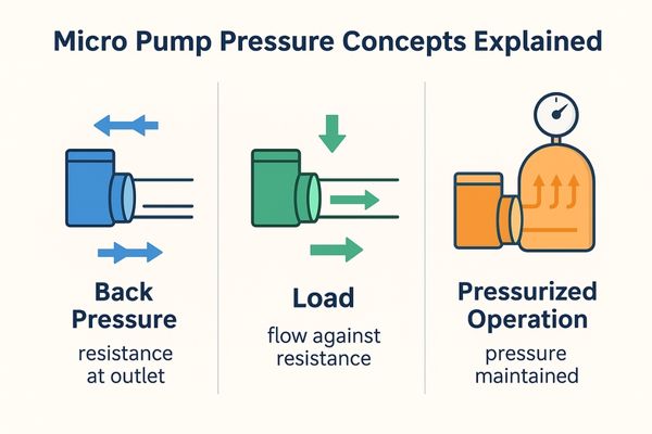 An infographic illustrating back pressure, load, and pressurized operation in a micro pump system