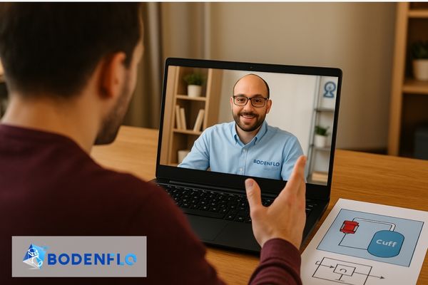 An image of a BODENFLO engineer talking to a customer, perhaps over a video call, discussing a system diagram