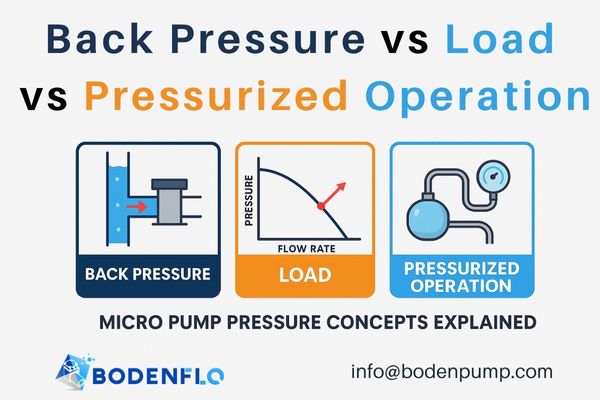 Visual infographic comparing back pressure, load, and pressurized operation in micro pump systems.