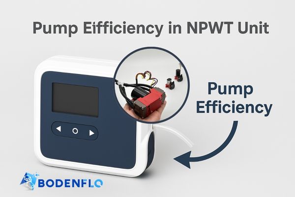 An NPWT device with an arrow pointing to the micro pump, highlighting its efficiency contribution