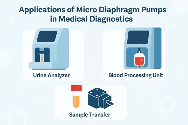 Collage showcasing various diagnostic applications: urine analyzer, blood processing unit, sample transfer vial with a pump icon