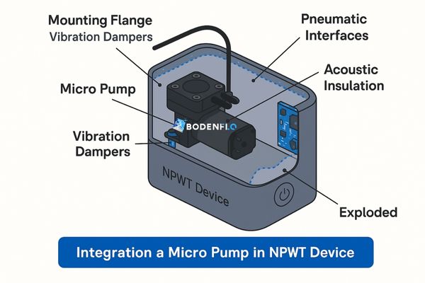 Exploded view of an NPWT device showing the micro pump integration with mounting, tubing, and electronics