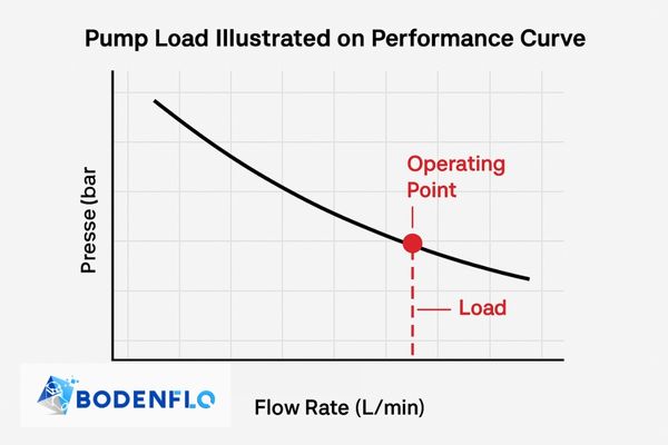 A graph showing a pump curve with an operating point indicating flow rate against pressure - the load