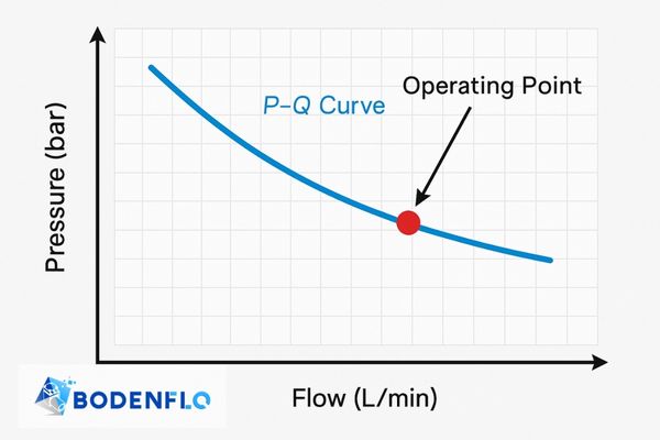A P-Q (Pressure-Flow) curve highlighted, with an arrow pointing to a specific operating point on the curve