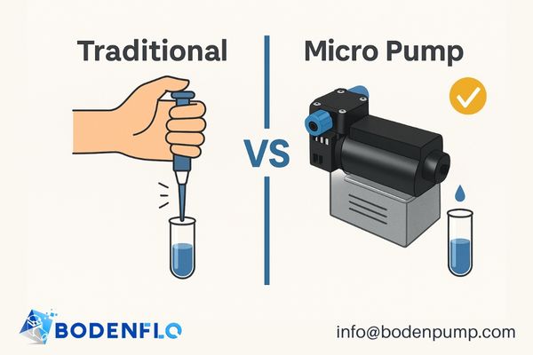A graphic contrasting a shaky manual pipetting attempt with a smooth, automated dispense from a micro pump system)