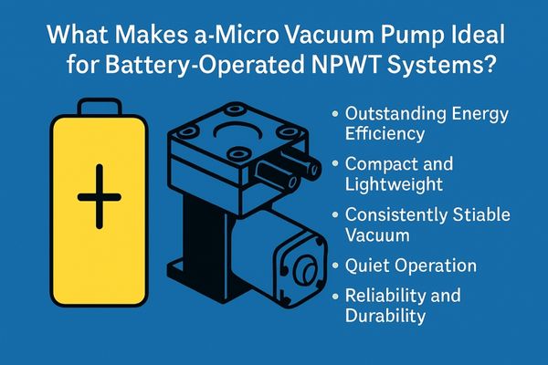 Image of a battery icon next to a small, efficient micro vacuum pump