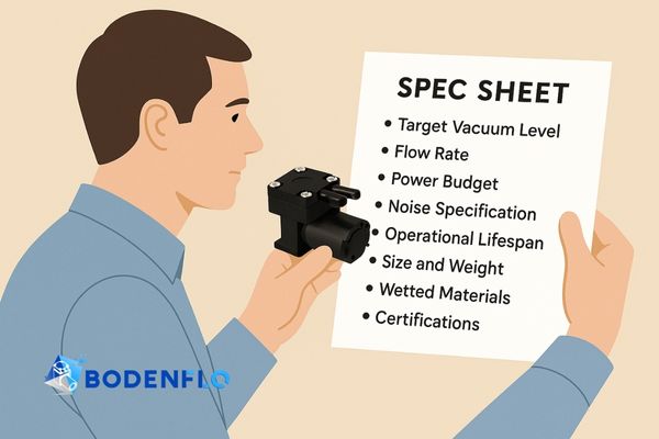 An engineer comparing a micro pump to a spec sheet for an NPWT device