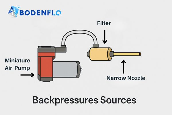An air pump connected to a system with a filter and narrow nozzle, indicating backpressure