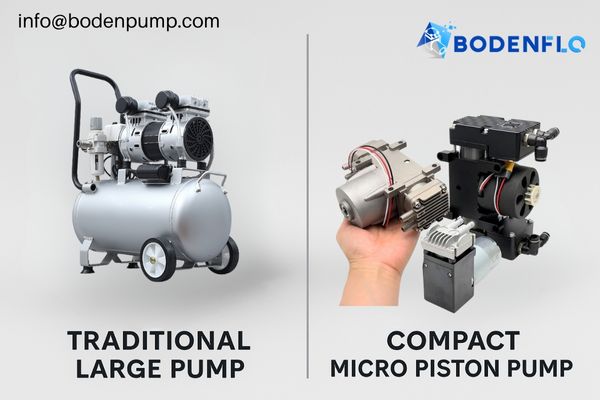 A close-up comparison of a traditional large pump next to a compact micro piston pump of similar capability